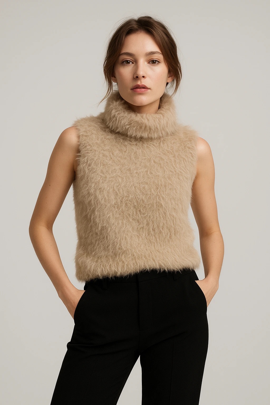 pull sans manches en fourrure beige