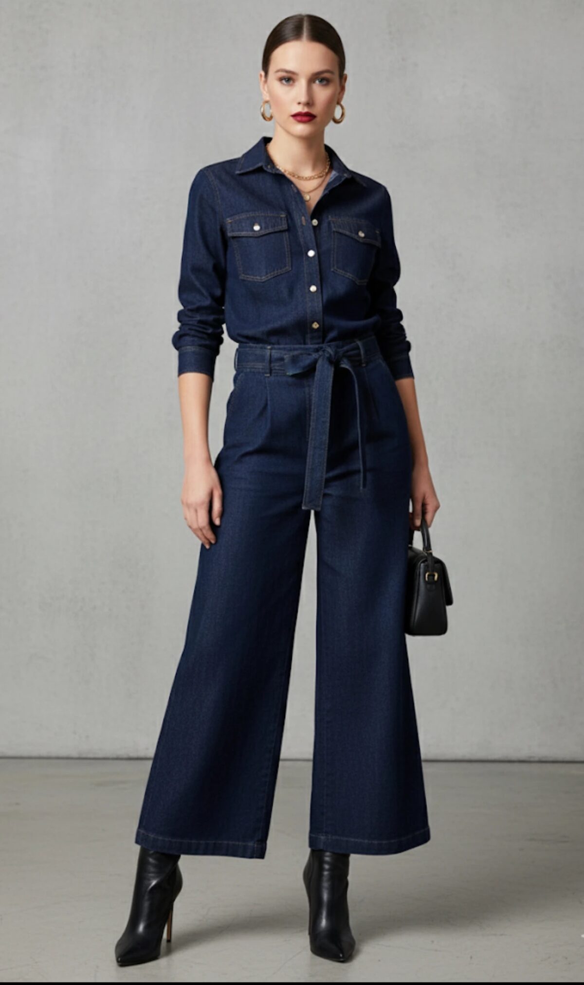 Ensemble 2 Pièces : Chemise Denim Structurée & Pantalon Palazzo Taille Haute