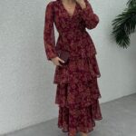 Robe Longue Volantée – Imprimé Floral Bordeaux & Chic