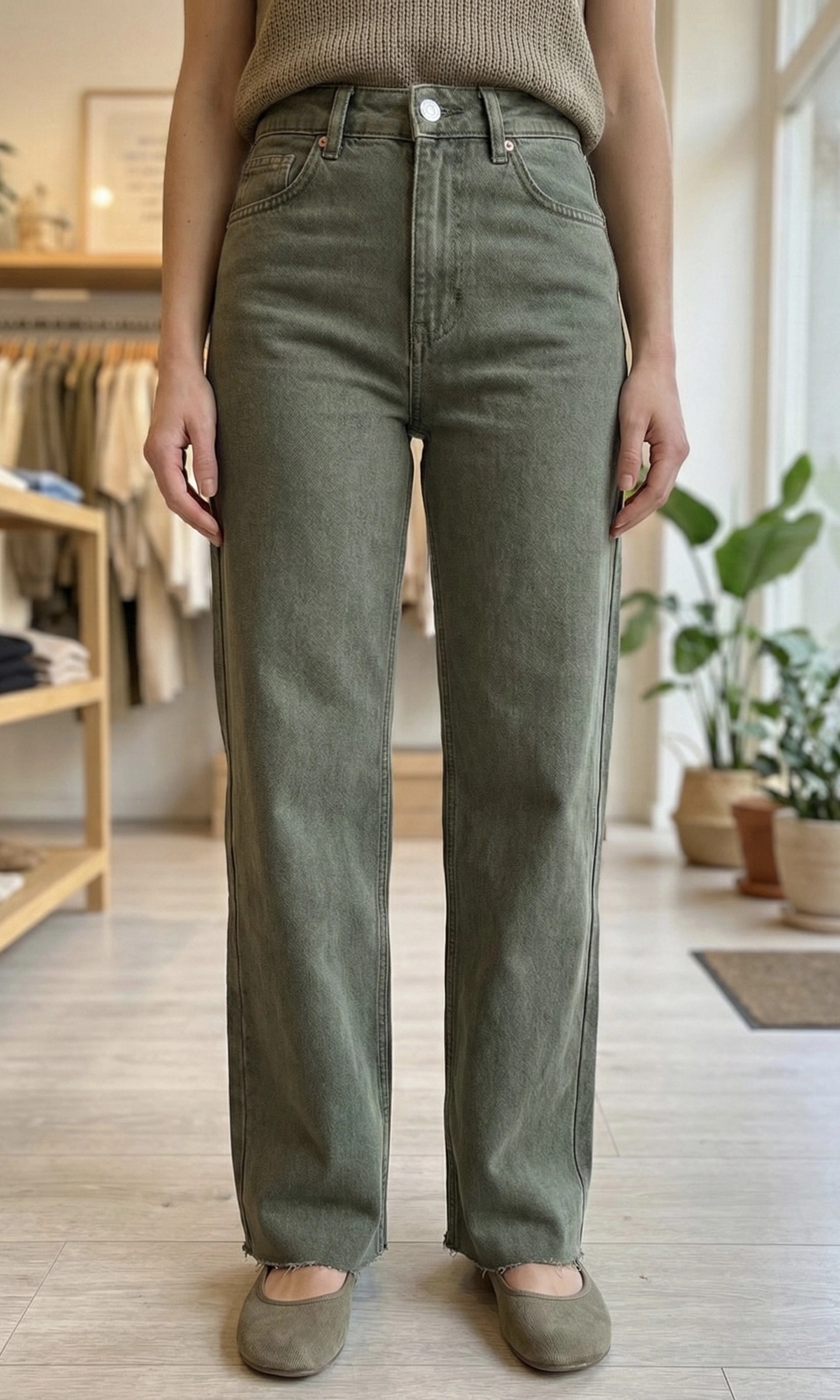 img_0817 Jean Droit Taille Haute - Vert Kaki – Image 1