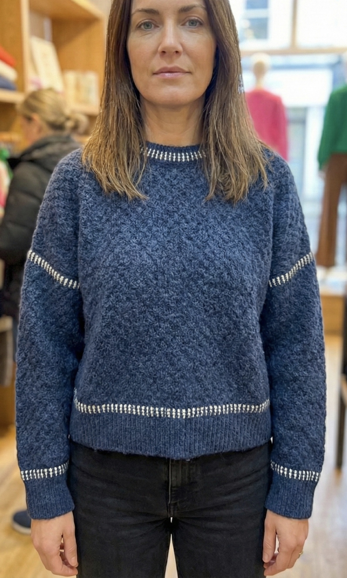 Pull Maille Bouclée & Liserés Graphiques - Bleu Denim STD