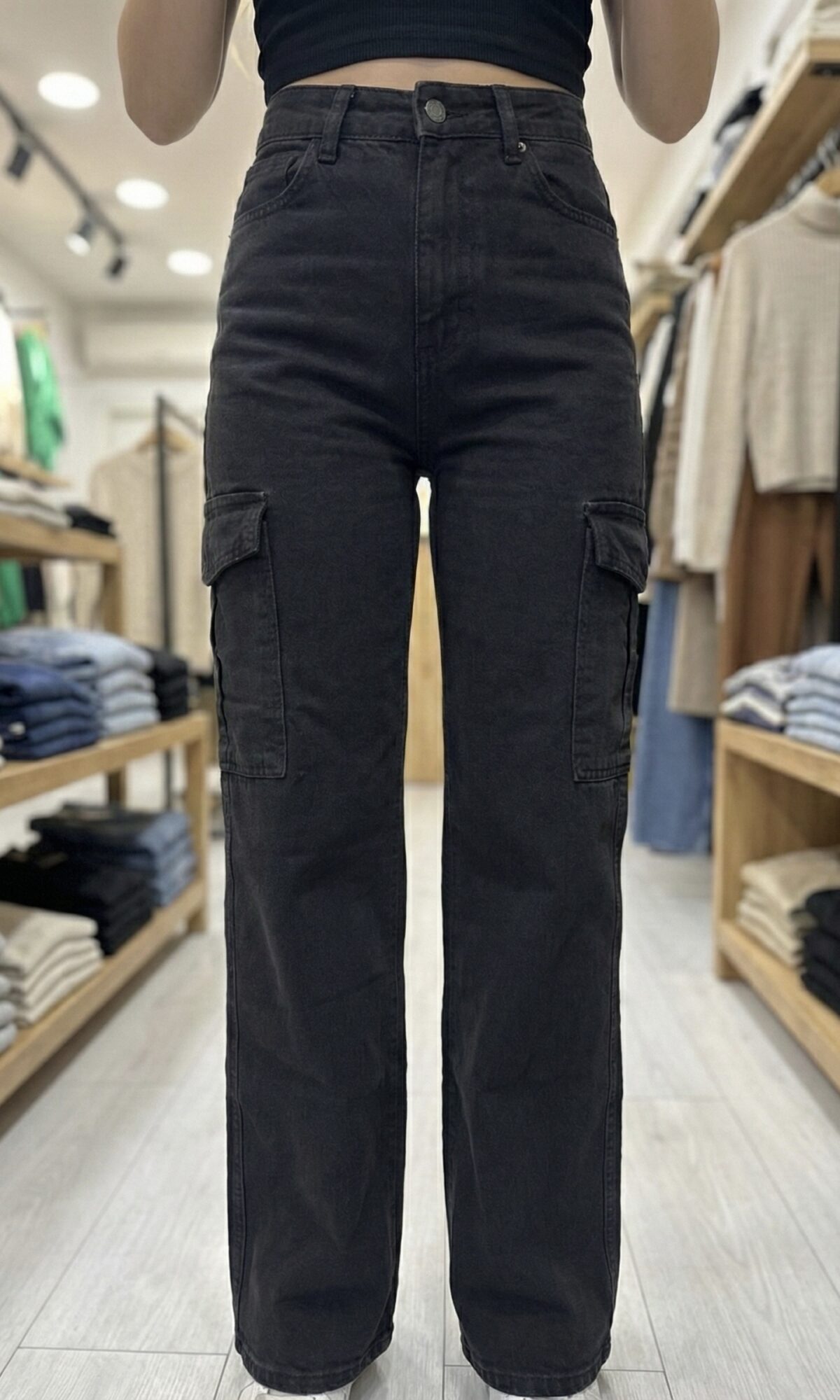 Jean Cargo Noir Taille Haute – Tendance Streetwear