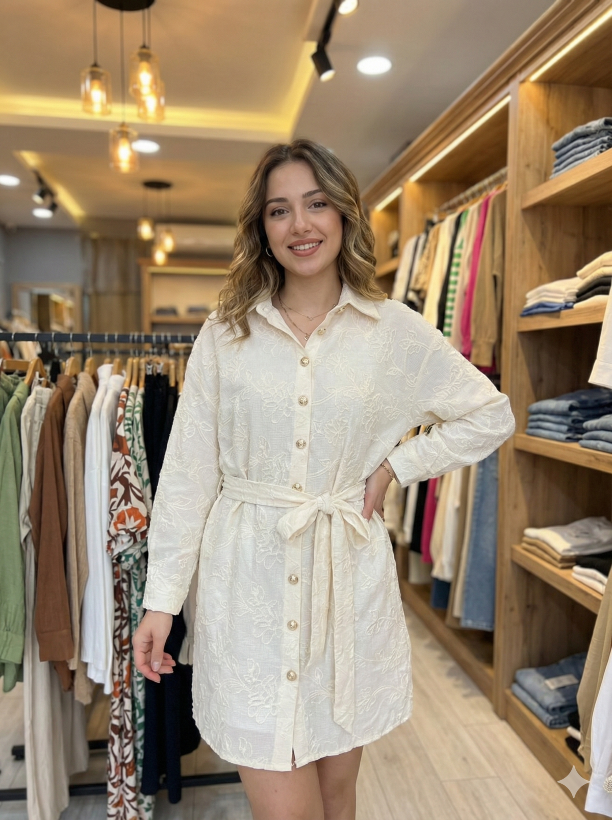 Chemise Texturée Ceinturée - Écru & Boutons Dorés