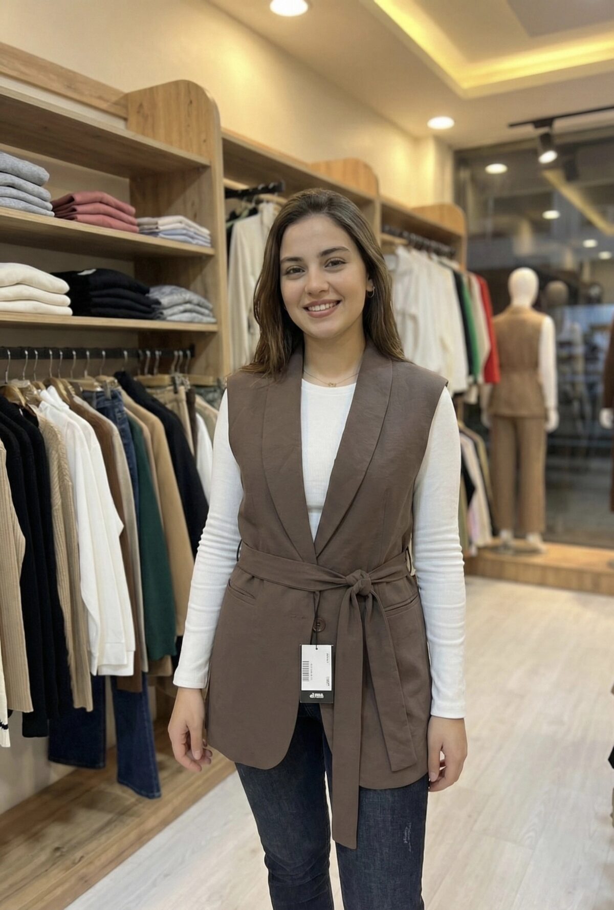 Veste Sans Manches Longue & Ceinturée - Marron Moka