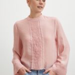 Blouse Rose Poudré à Col Montant & Dentelle