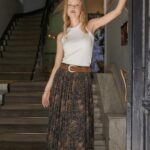 Jupe Longue Plissée – Imprimé Abstrait Ceinture