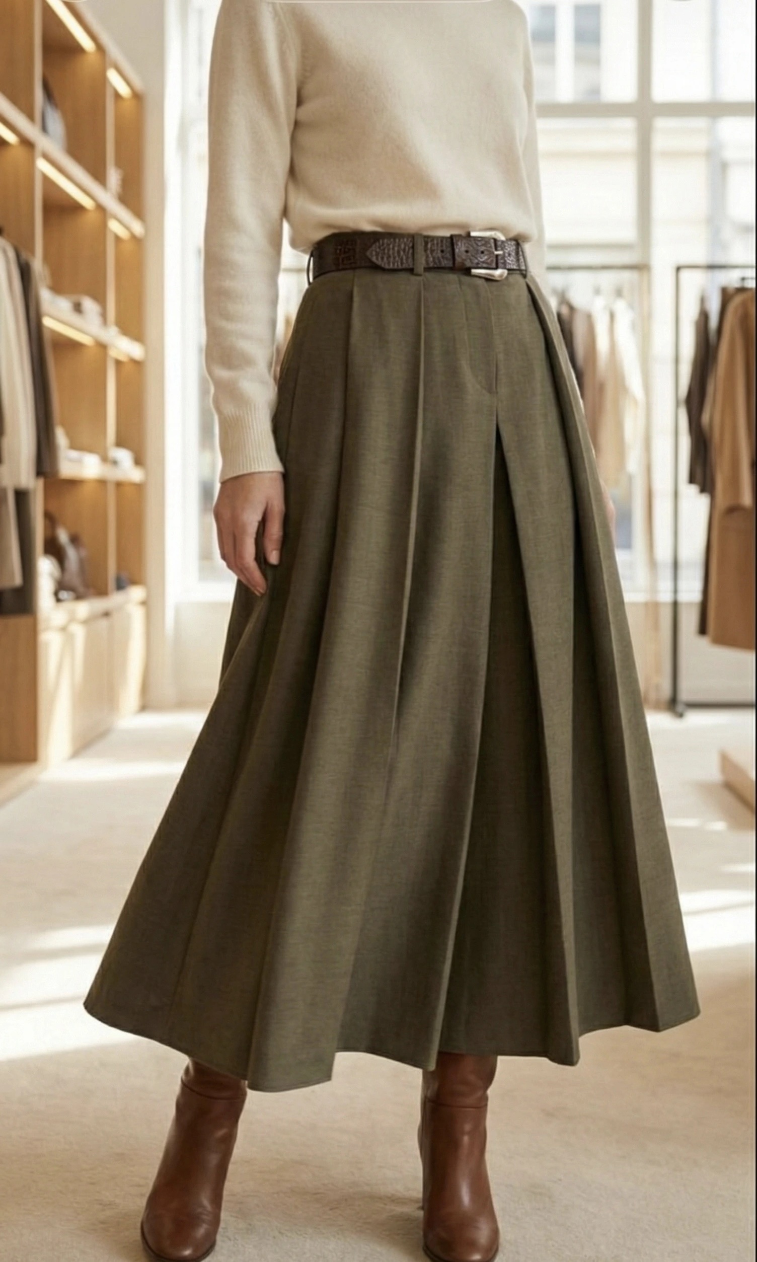 img_1344 Jupe Midi Évasée – Vert Olive & Plis Structurés – Image 1