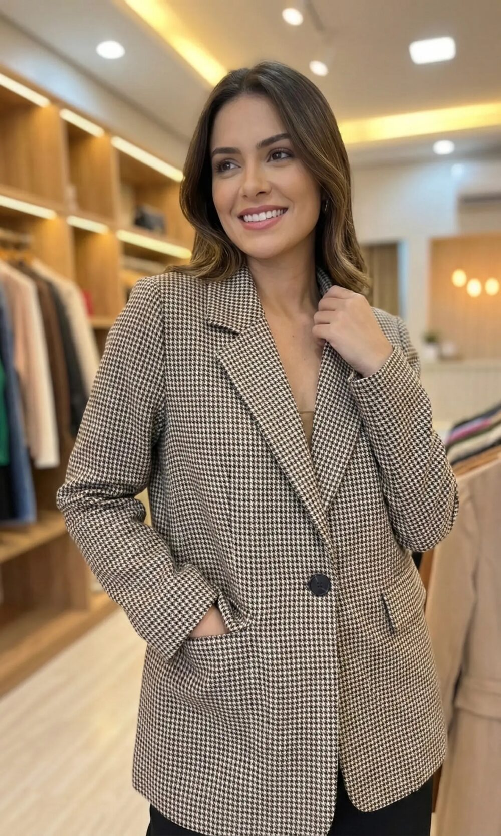 Blazer Pied-de-Poule – Nuances Marron & Poches Plaquées – Image 2