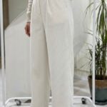 Pantalon Large Blanc Cassé en Velours à Grosses Côtes