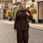 Ensemble 2 Pièces Chemise Ceinturée et Pantalon Large Taupe