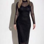 Robe longue transparente en mesh noir à col montant Taille -M-