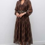 Robe Longue Plissée à Motifs – Chocolat