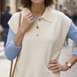 Pull sans manches en maille crème à col polo