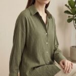 Chemise Oversize en Gaufre de Coton – Vert Olive