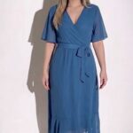 Robe Mi-Longue Fluide Ceinturée à Volants Bleu -XXL