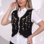 Gilet Court en Maille Crochetée Brodé - Taille S