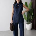 Ensemble Tailleur-Pantalon sans Manches en Lin avec Col à Nœud