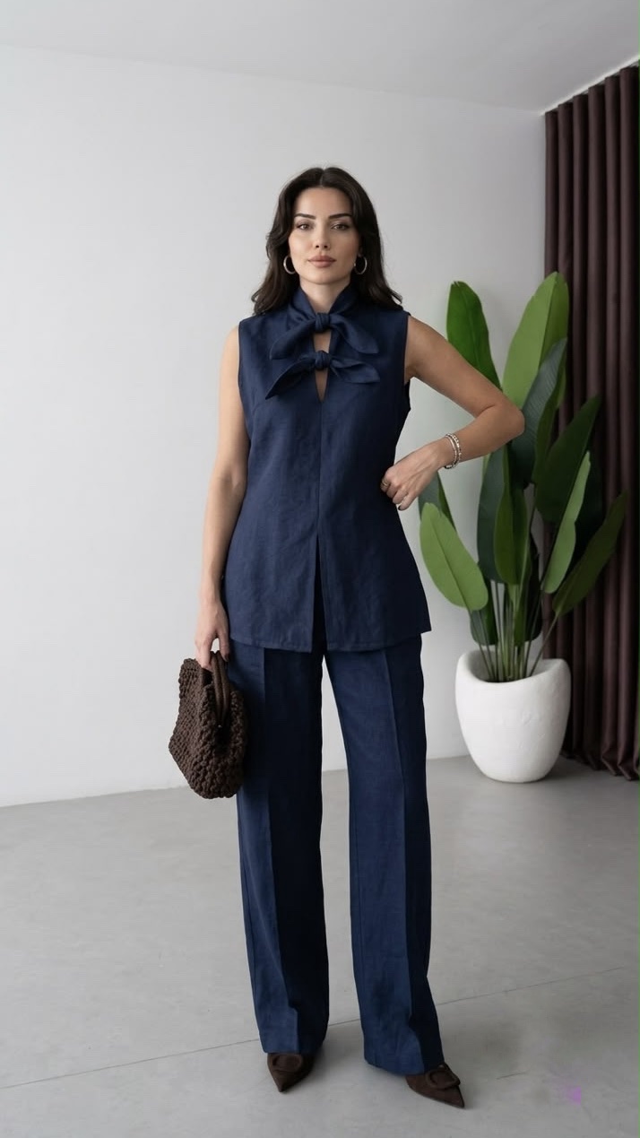 3b54b637-eb0f-4371-819a-220b940d4443 Ensemble Tailleur-Pantalon sans Manches en Lin avec Col à Nœud – Image 1