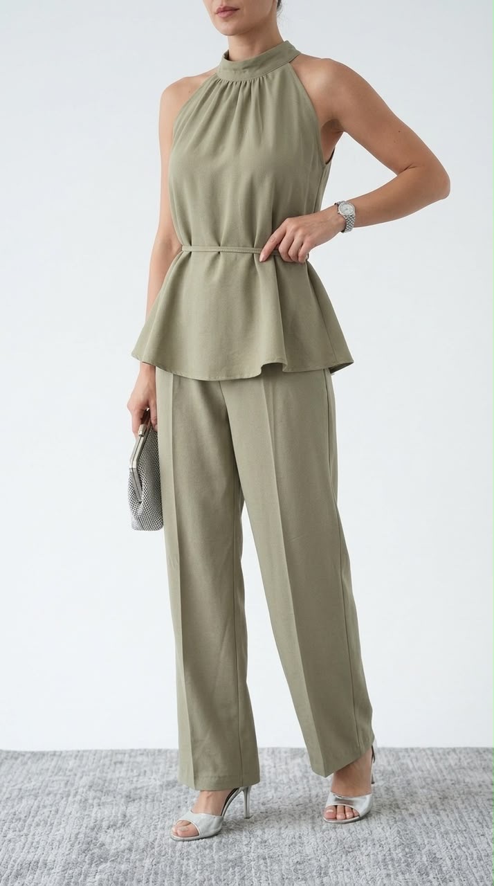 8a5dc2a8-07cb-4ac8-9f75-b9fa127675b9-2 Ensemble Habillé Haut Évasé à Encolure Halter et Pantalon à Pinces – Image 1