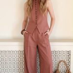 Ensemble Lin Gilet de Costume Boutonné et Pantalon Large